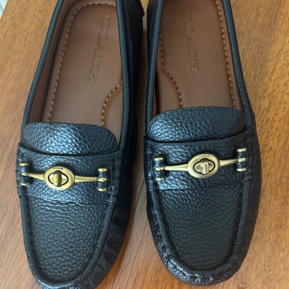 Coach Black Leather Loafers with Gold Accents - Picture 3 of 6